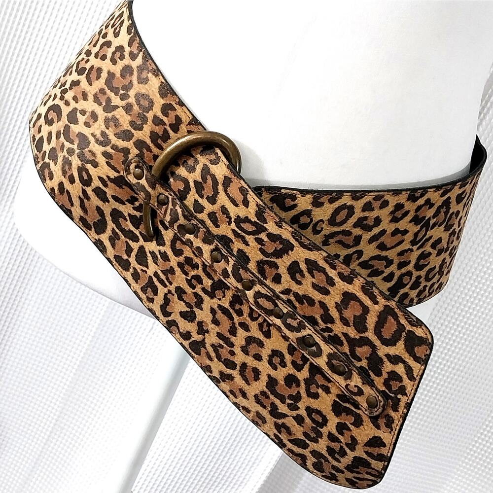Wide Leopard Print Waist Belt with Antique Gold Buckle - Brown
